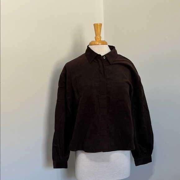 NWOT Banana Republic Cropped Dark Oak Balloon Sleeve Button Down Shirt XL - Picture 4 of 11